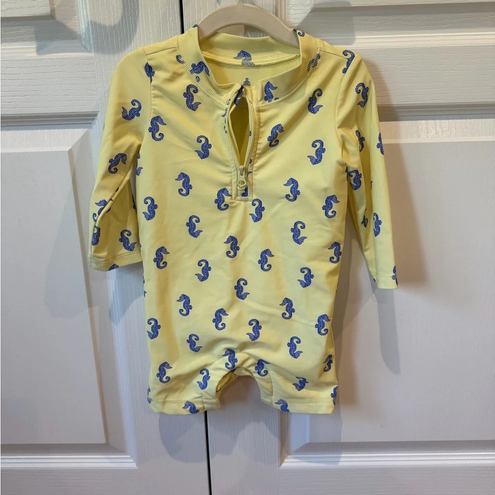 GAP Yellow Long-Sleeve Kids Swim Romper with Blue Seahorses